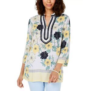 Charter Club Womens Printed Embroidered Split-Neck Tunic (M Citron Aura )